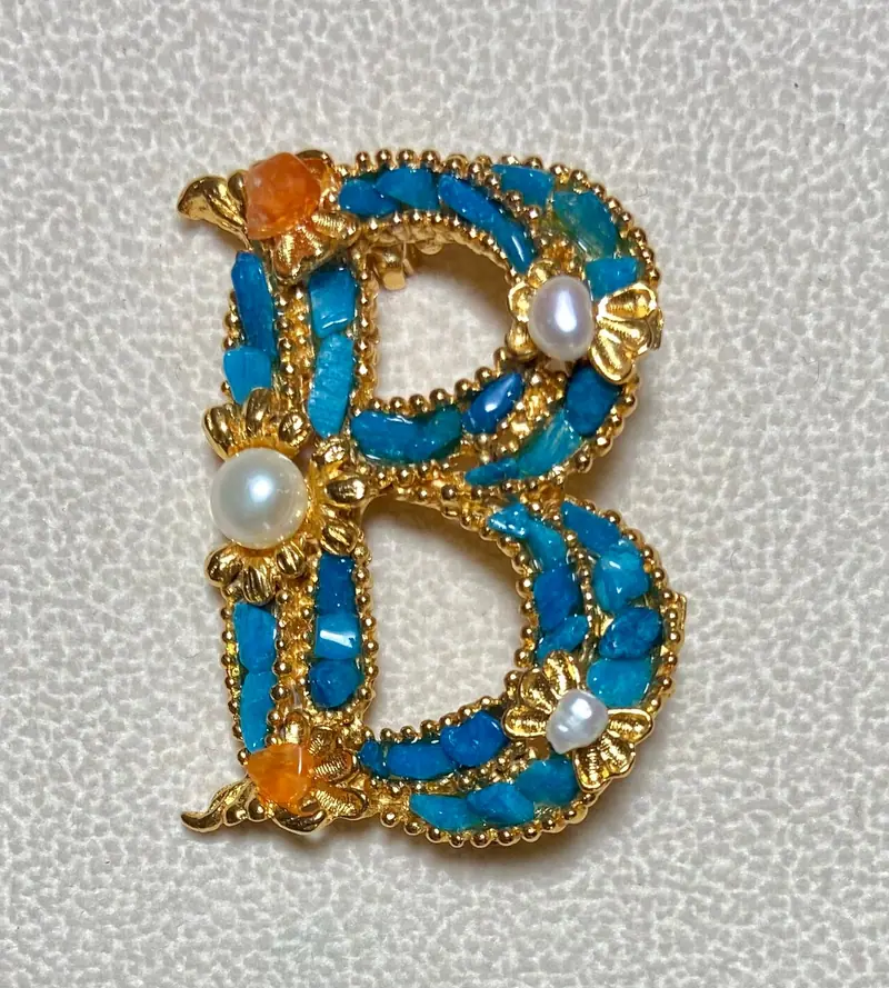 "B" Initial Brooch — Howlite, Freshwater Pearl, Carnelian