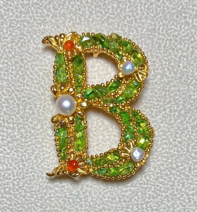 "B" Initial Brooch — Carnelian, Peridot, Freshwater Pearl
