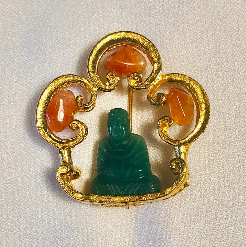 Buddha Brooch — Carnelian, Nephrite Jade Buddha