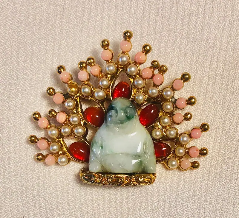 Buddha Brooch — Coral, Pearl, Carnelian and Jadeite Buddha