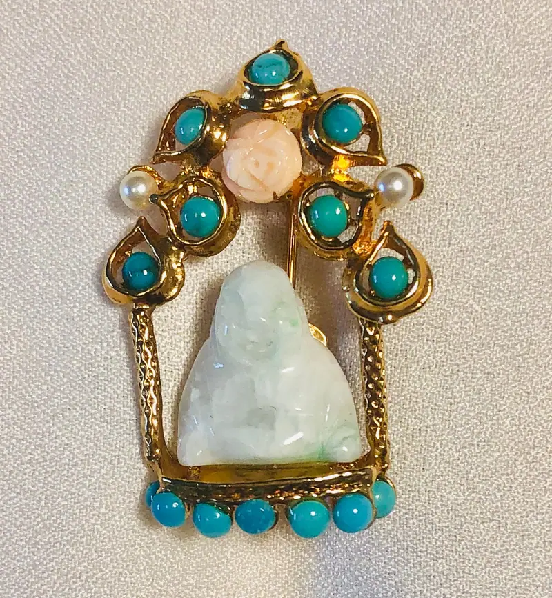 Buddha Brooch — Turquoise, Pearl, Coral and Jadeite Buddha