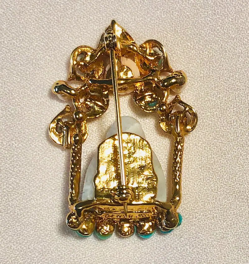 Buddha Brooch — Turquoise, Pearl, Coral and Jadeite Buddha (2)