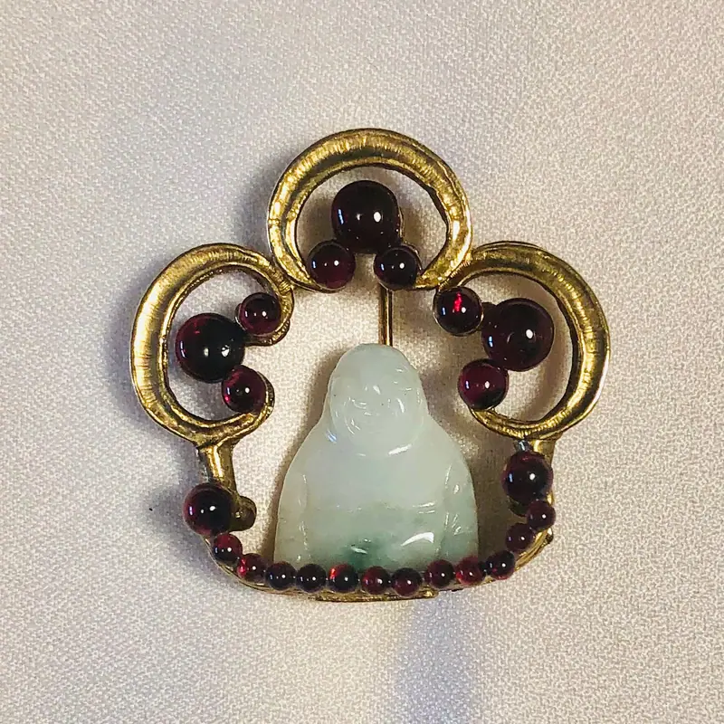 Buddha Brooch — Garnet and Jadeite Buddha