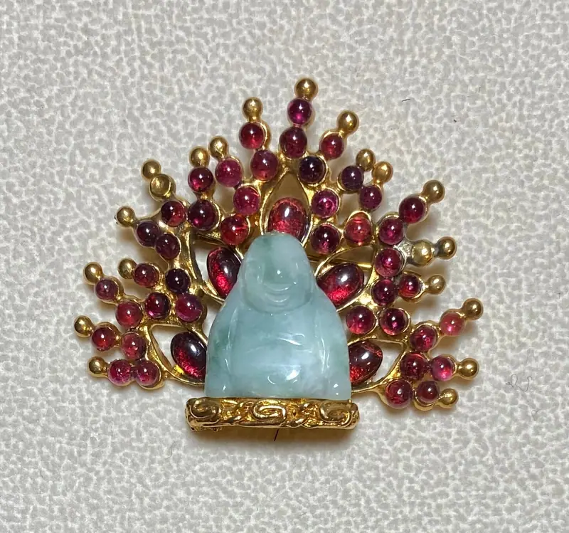 Buddha Brooch — Garnet and Jadeite Buddha