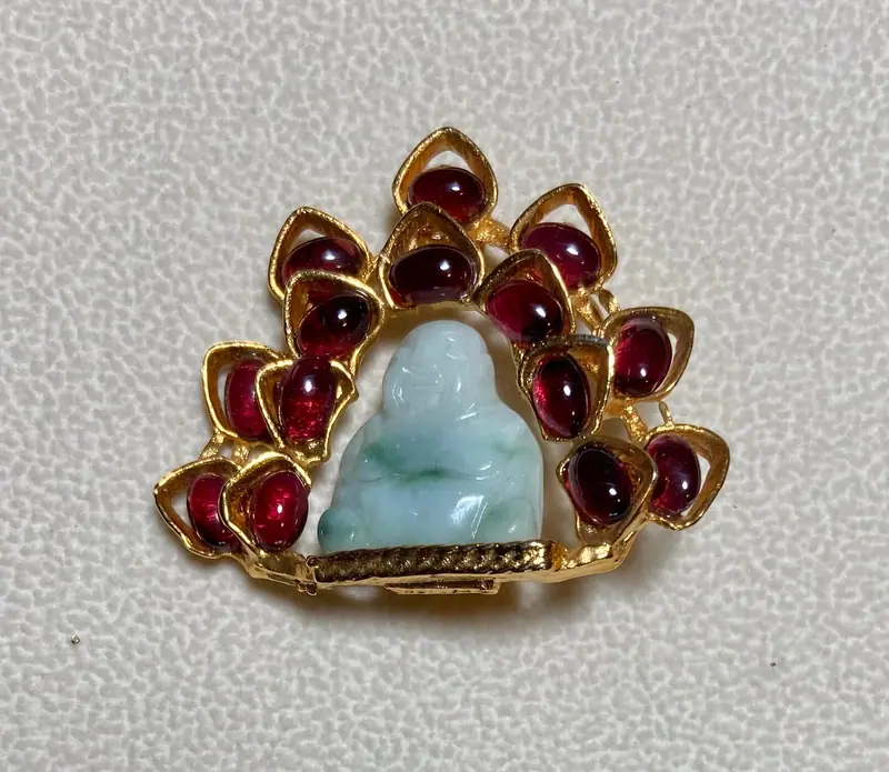 Buddha Brooch — Garnet and Jadeite Buddha