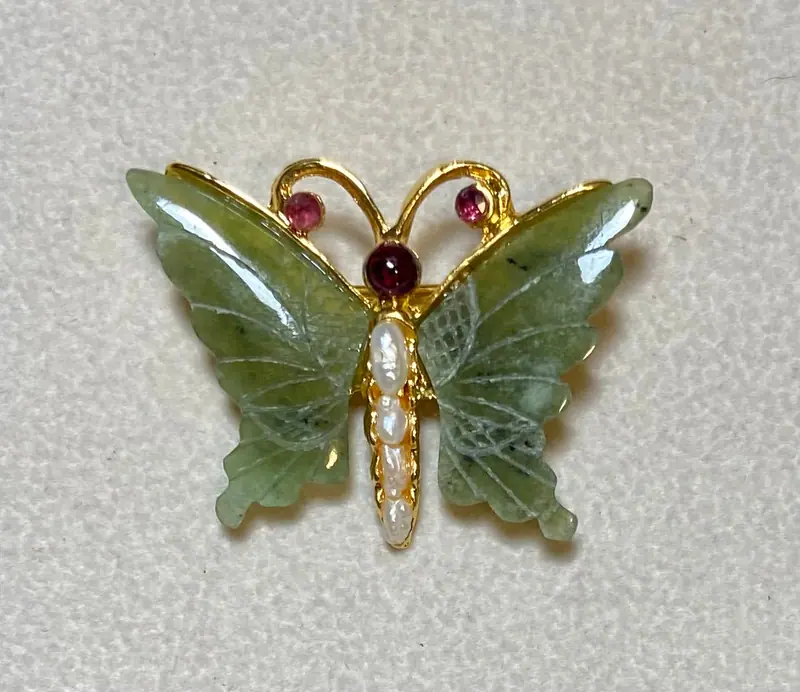 Butterfly Brooch — Jade, Freshwater Pearl, Garnet, Ruby