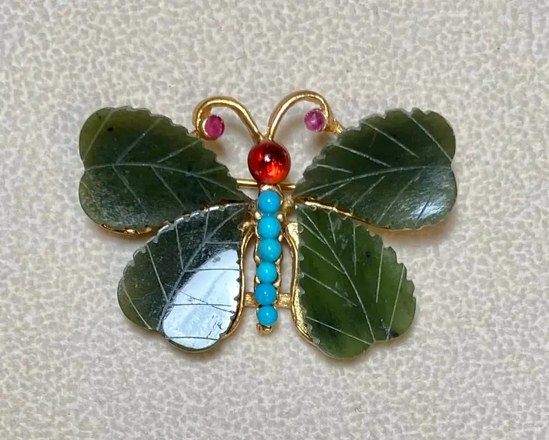 Butterfly Brooch — Jade, Turquolite, Garnet