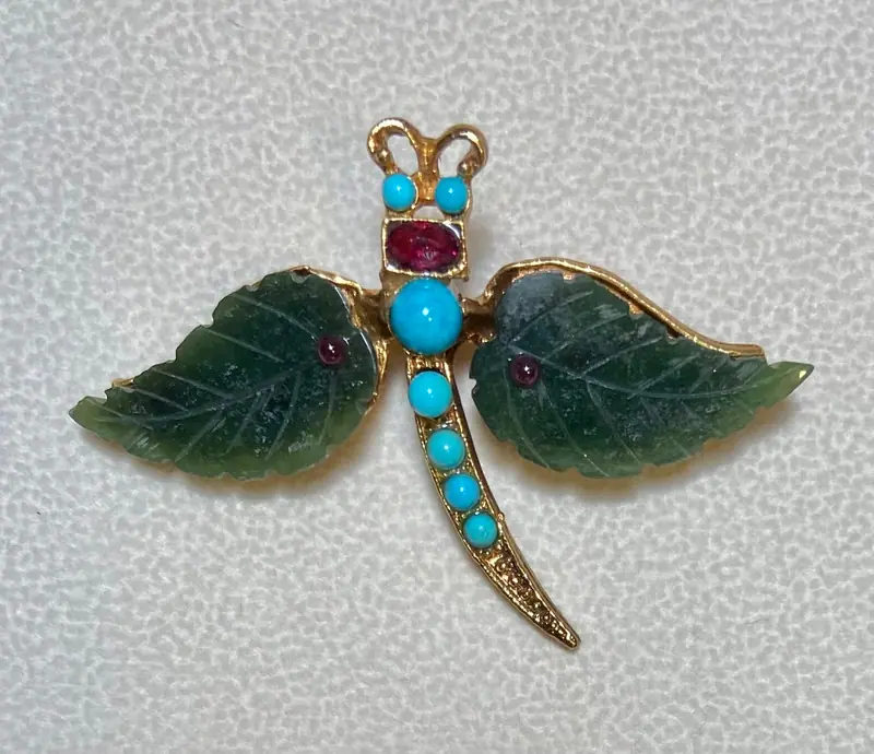 Butterfly Brooch — Jade, Turquoise, Garnet