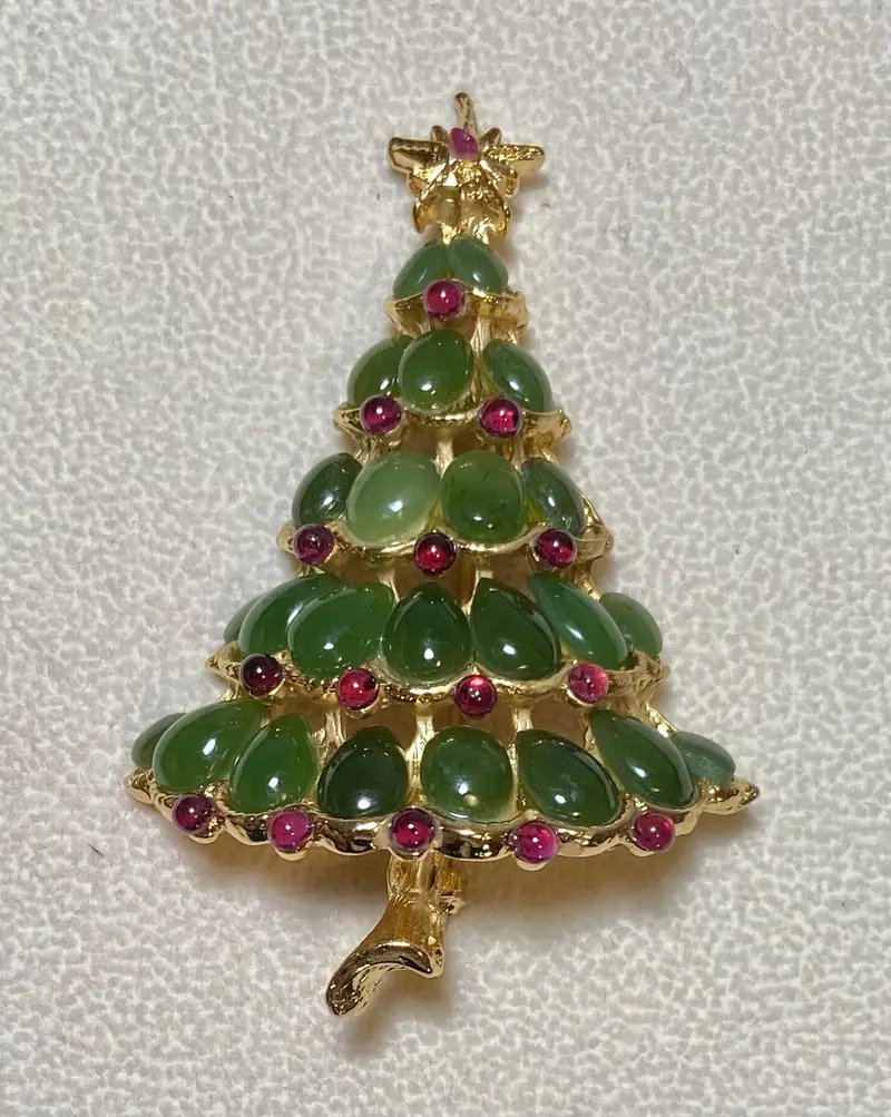 Christmas Tree Brooch — Jade, Garnet, Ruby