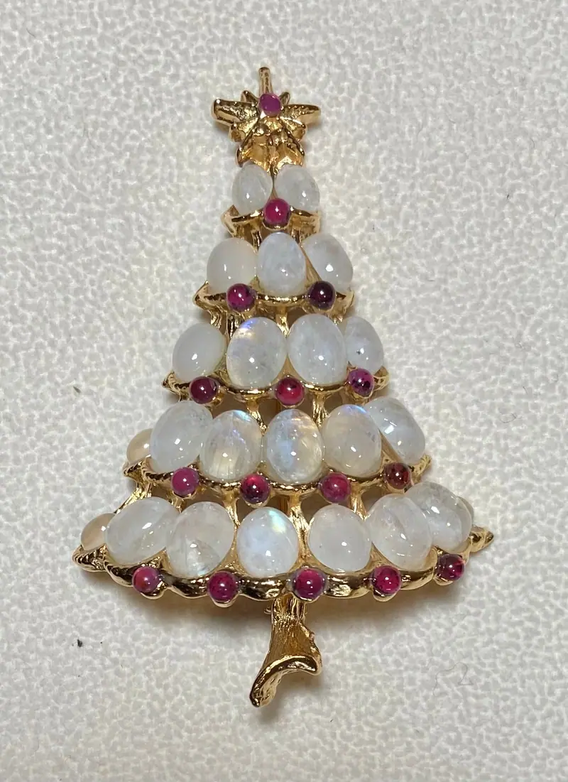 Christmas Tree Brooch — Rainbow Moonstone, Garnet, Ruby