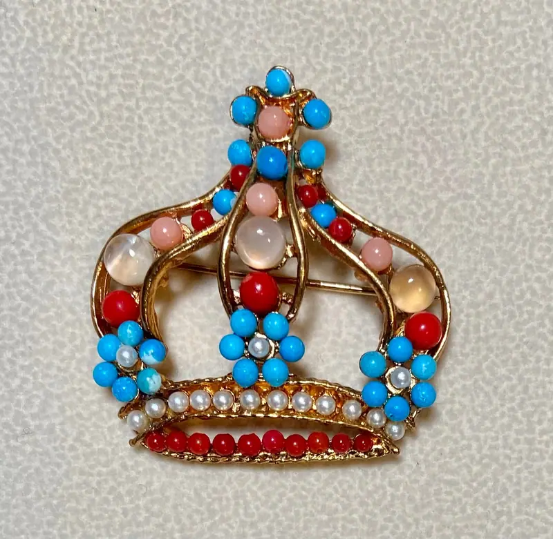 Crown Brooch — Moonstone, Coral, Turquoise, Pearl