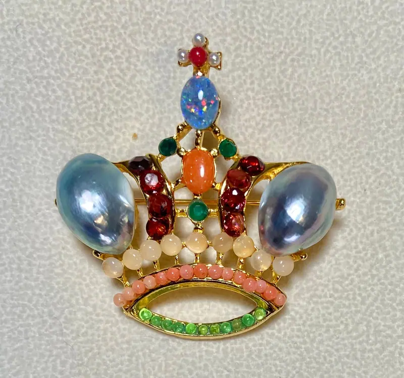 Crown Brooch — Osmena Pearl, Doublet Opal, Moonstone, Garnet, Peridot, Green Onyx
