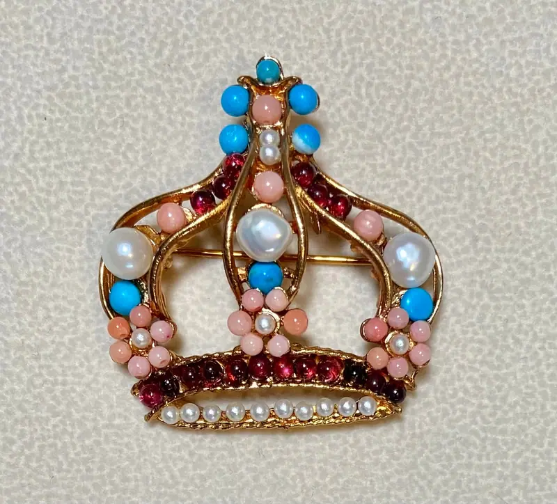Crown Brooch — Freshwater Pearl, Coral, Turquoise, Garnet