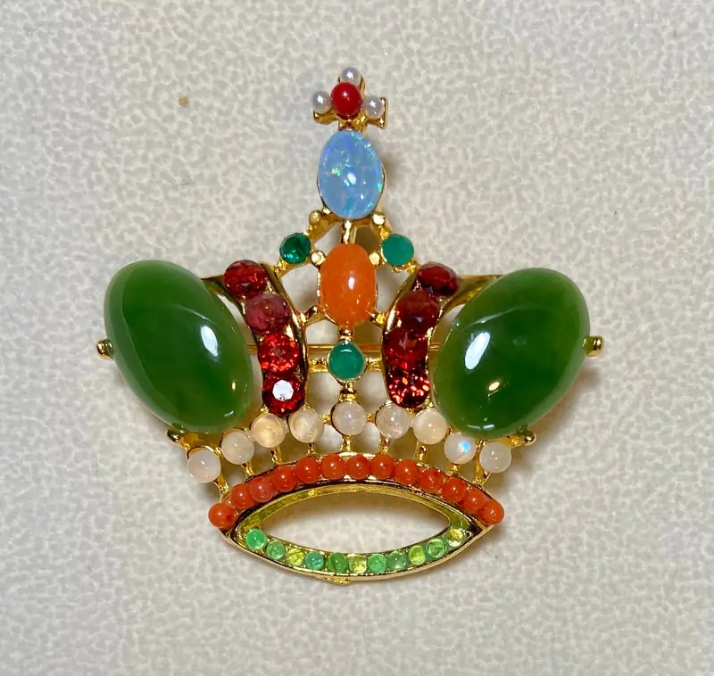 Crown Brooch — Jade, Doublet Opal, Moonstone, Garnet, Peridot, Green Onyx, Coral, Pearl