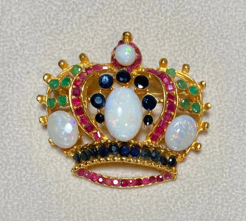 Crown Brooch — Opal, Ruby, Emerald, Sapphire