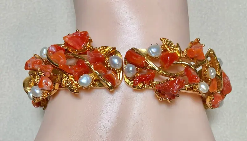 Cuff Bracelet — Red Coral, Freshwater Pearl
