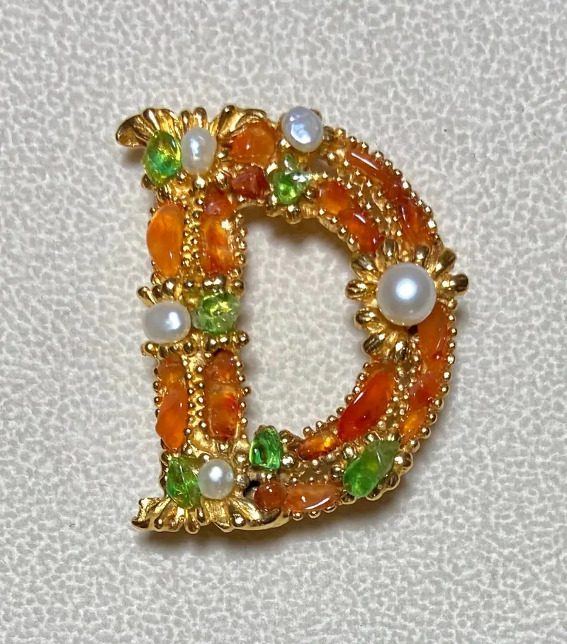 "D" Initial Brooch — Peridot, Carnelian, Freshwater Pearl