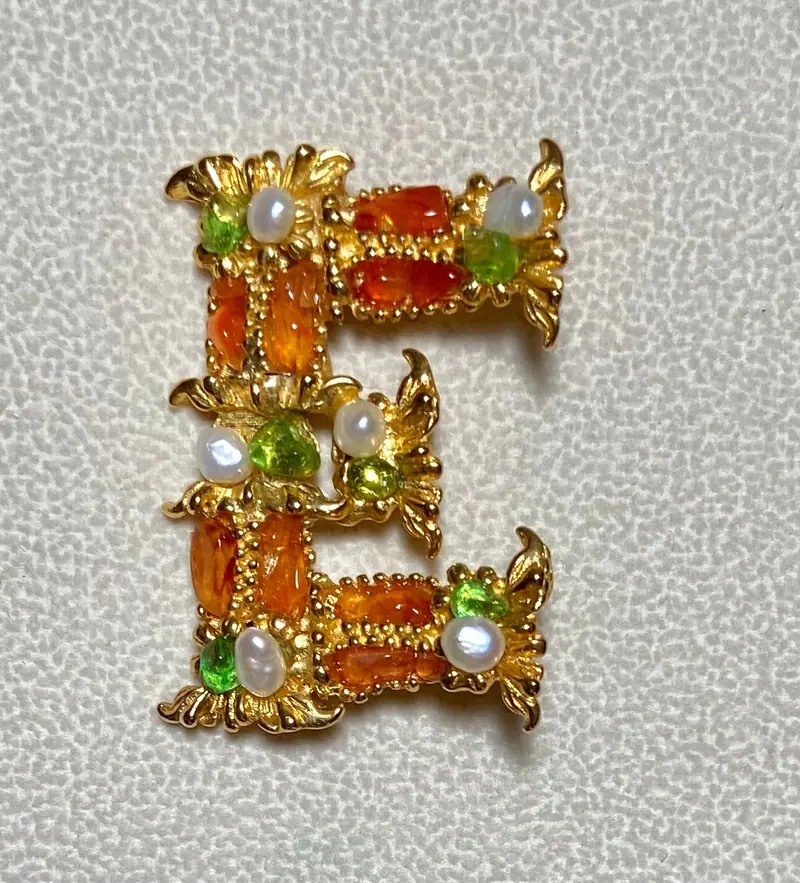 "E" Initial Brooch — Carnelian, Peridot, Freshwater Pearl