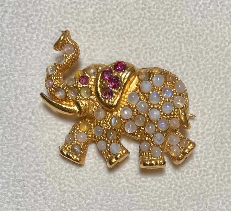 Elephant Brooch — Moonstone, Garnet