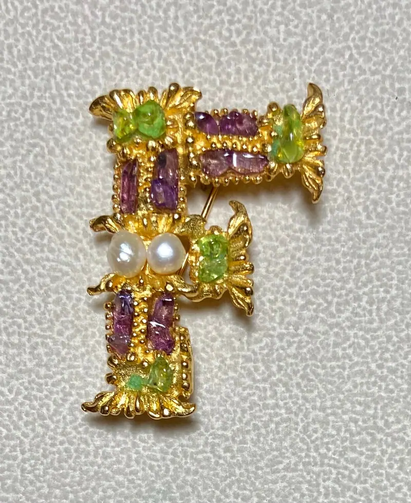 "F" Initial Brooch — Amethyst, Peridot, Freshwater Pearl