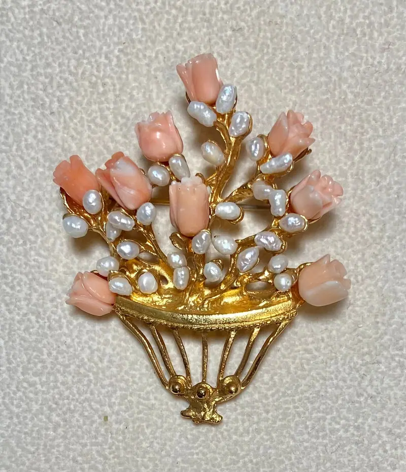 Flower Basket Brooch — Coral, Freshwater Pearl