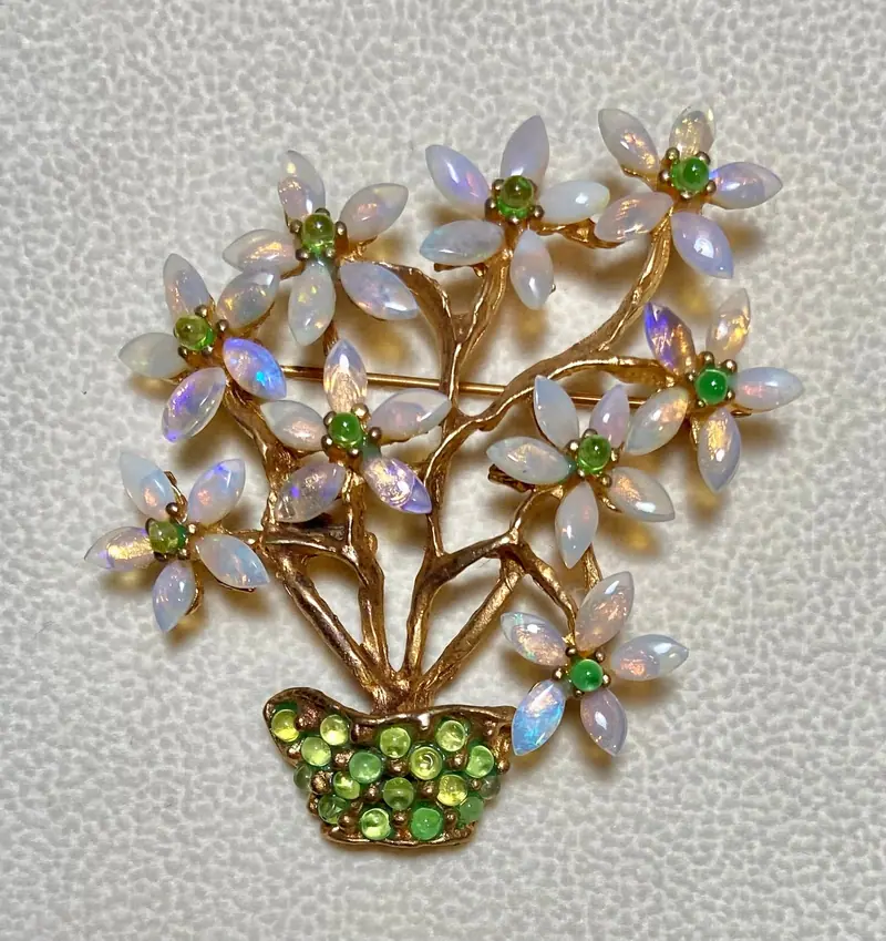 Flower Basket Brooch — Opal, Peridot