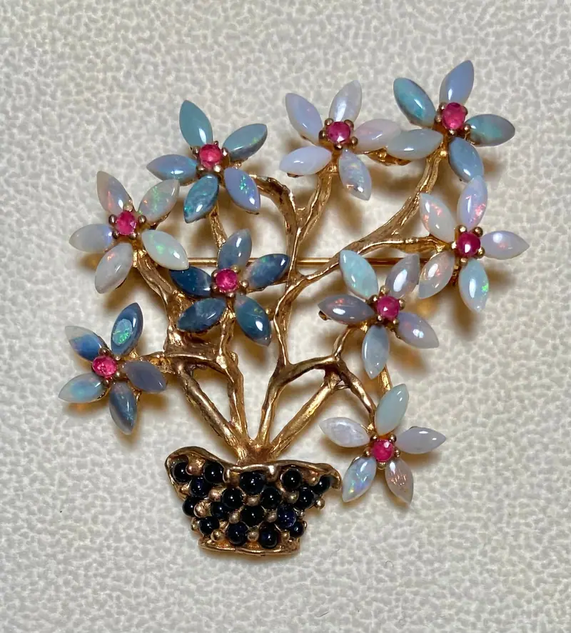Flower Basket Brooch — Opal, Ruby, Black Onyx