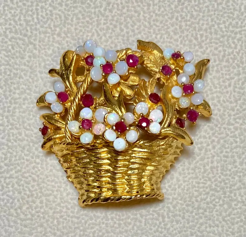 Flower Basket Brooch — Opal, Ruby