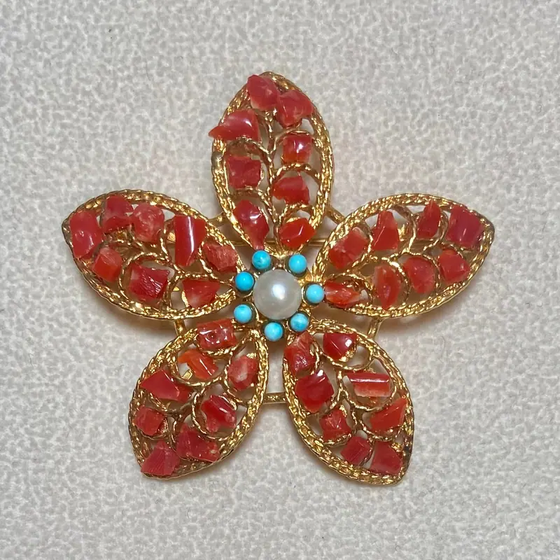 Flower Brooch — Coral, Pearl, Turquolite