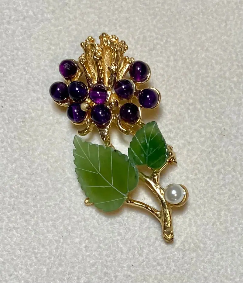 Flower Brooch — Jade, Amethyst, Pearl