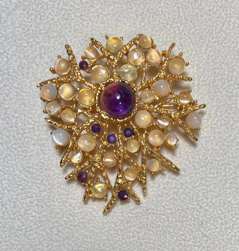 Flower Brooch — Moonstone, Amethyst