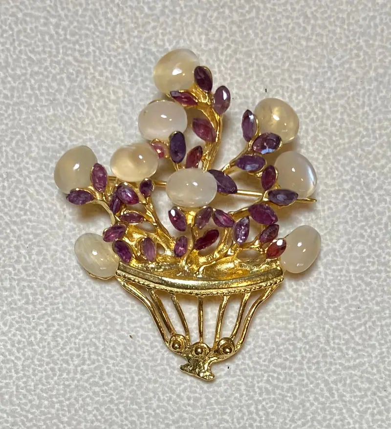 Flower Brooch — Moonstone, Ruby