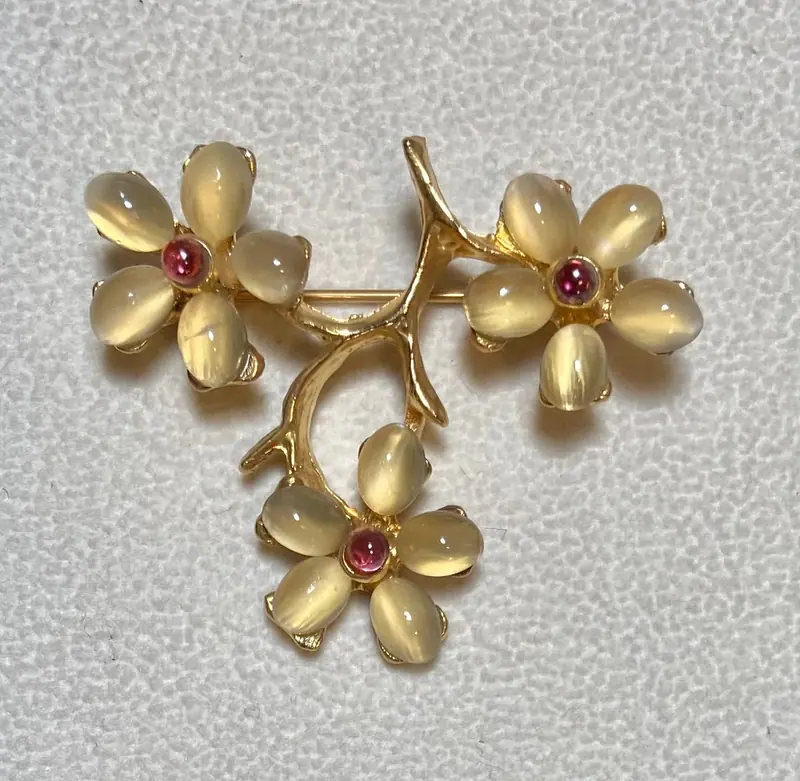 Flower Brooch — Moonstone, Garnet