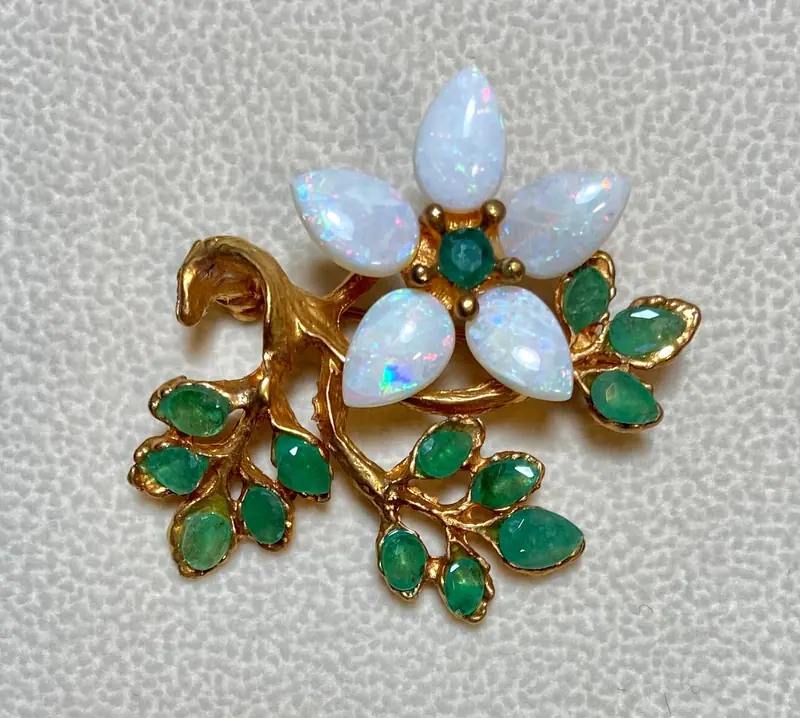 Flower Brooch — Opal, Emerald