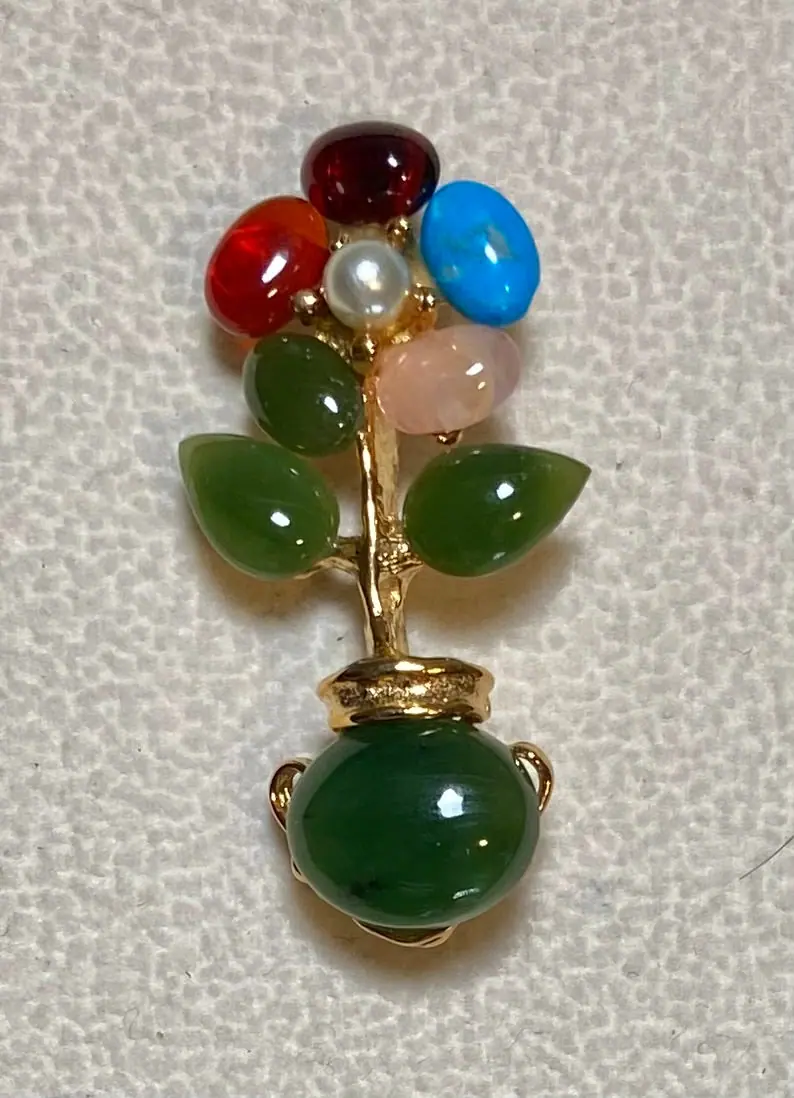 Flower Vase Brooch — Jade, Multi-Stone