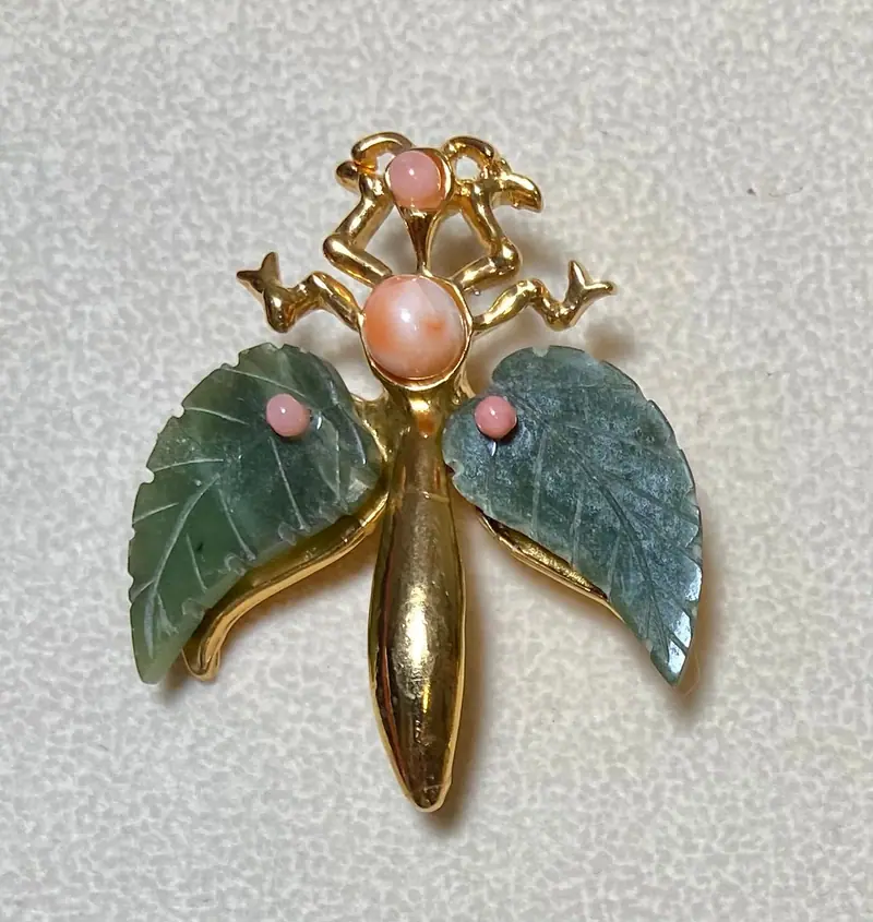 Fly Brooch — Carved Jade Leaves, Coral
