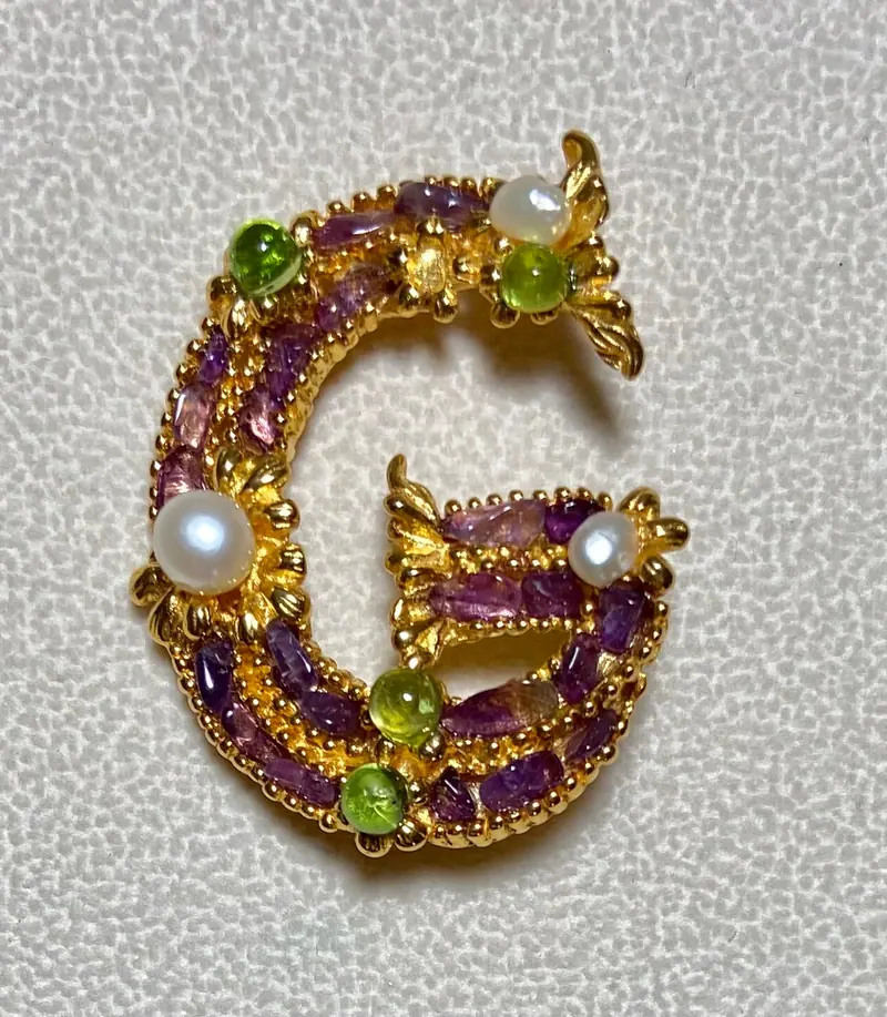 "G" Initial Brooch — Amethyst, Peridot, Freshwater Pearl