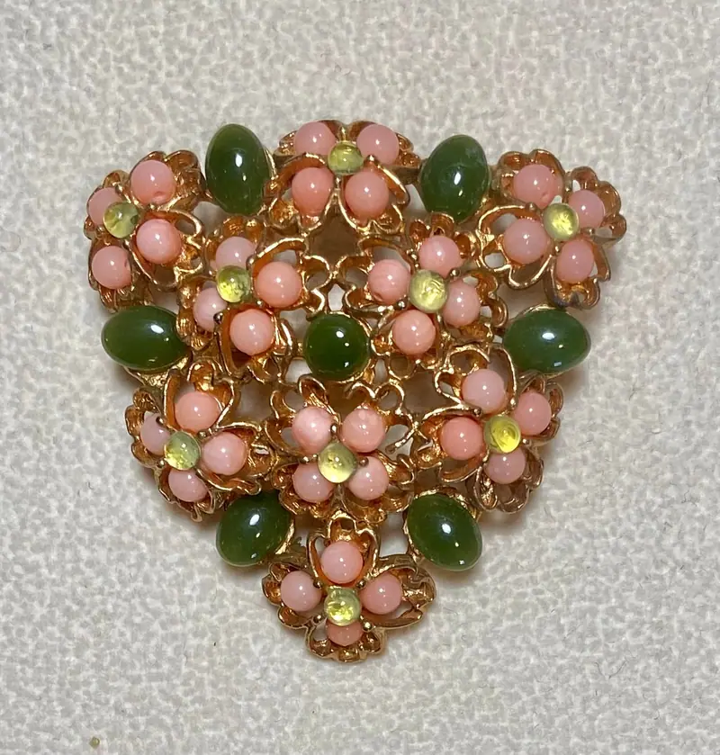 Geometric Brooch — Coral, Jade, Peridot