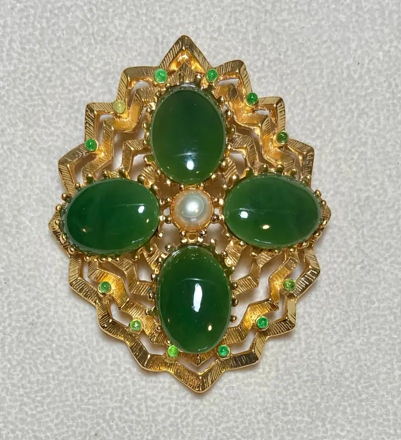 Geometric Brooch — High Quality Jade, Peridot, Pearl
