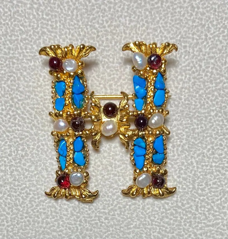 "H" Initial Brooch — Coral, Peridot, Freshwater Pearl