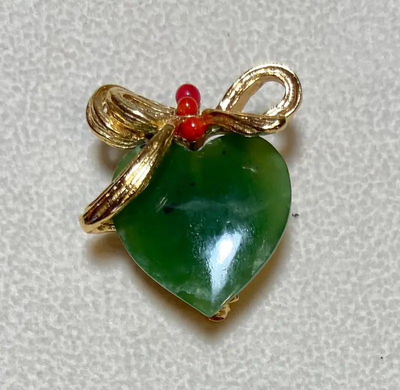 Heart Brooch — Jade, Coral