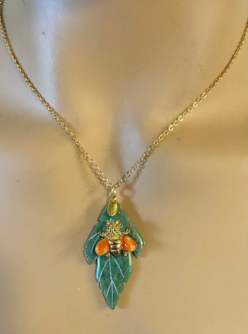 Jade Leaf and Bee Pendant — Jade, Coral, Peridot Eyes