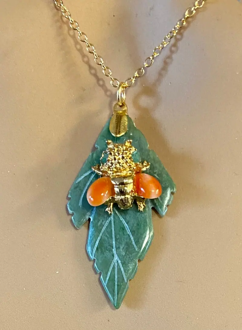 Jade Leaf and Bee Pendant — Jade, Coral, Peridot Eyes (2)