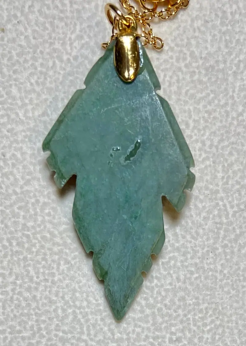 Jade Leaf and Bee Pendant — Jade, Coral, Peridot Eyes (3)