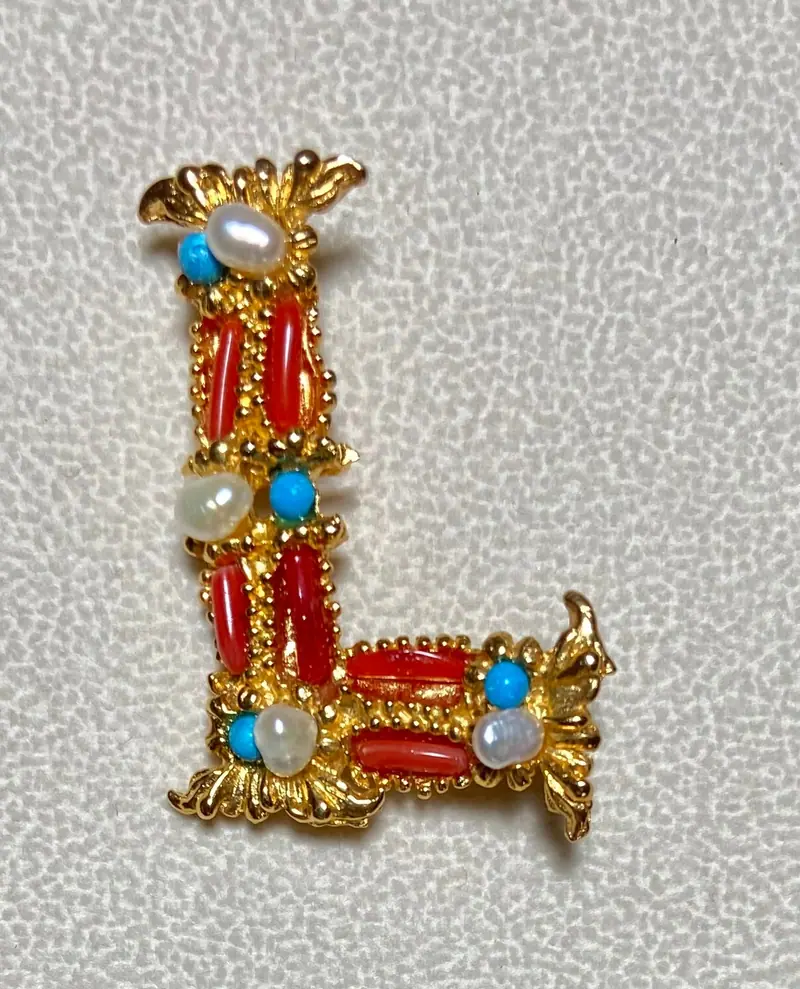 "L" Initial Brooch — Coral, Turquolite, Freshwater Pearl