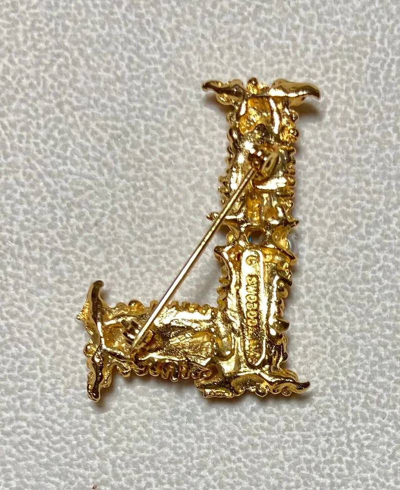 "L" Initial Brooch — Coral, Turquolite, Freshwater Pearl (2)