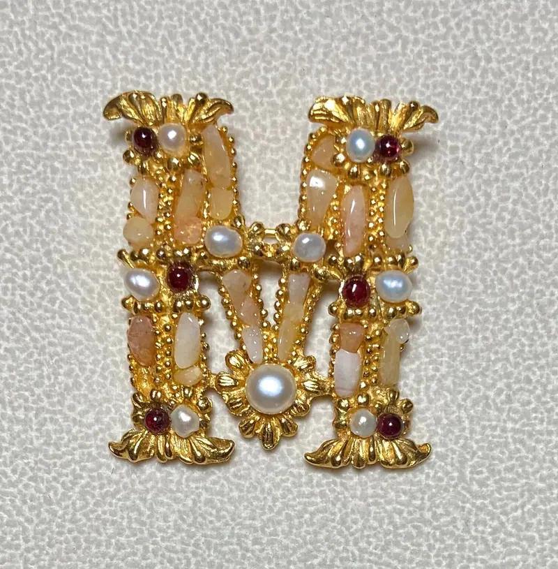 "M" Initial Brooch — Howlite, Freshwater Pearl, Garnet