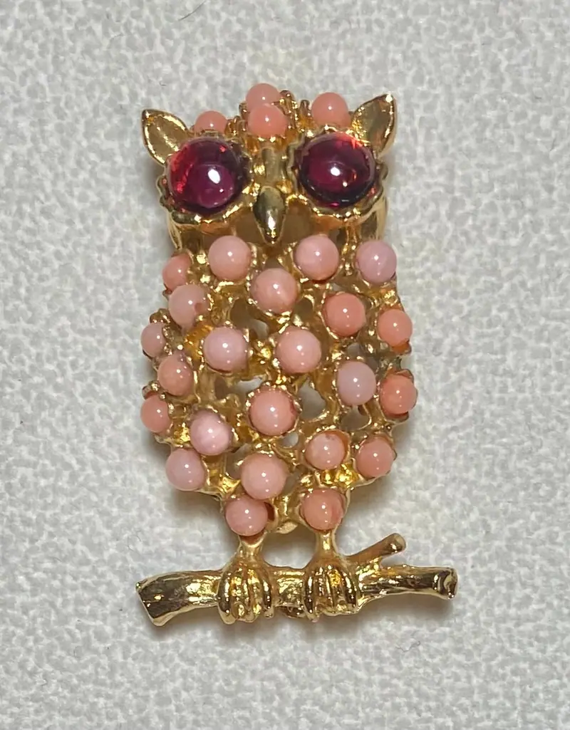 Owl Brooch — Coral, Garnet