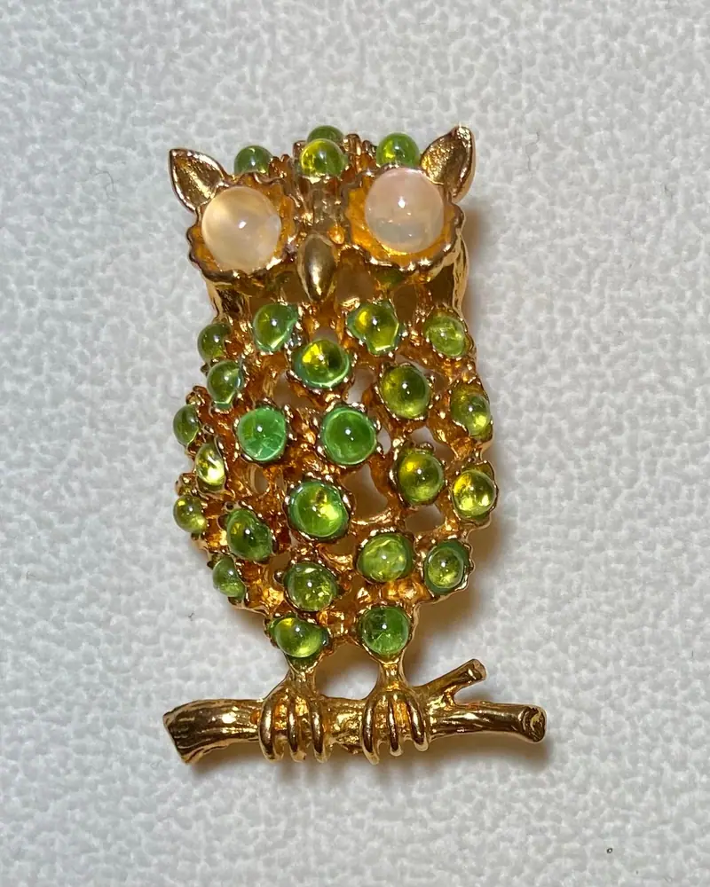 Owl Brooch — Peridot, Moonstone