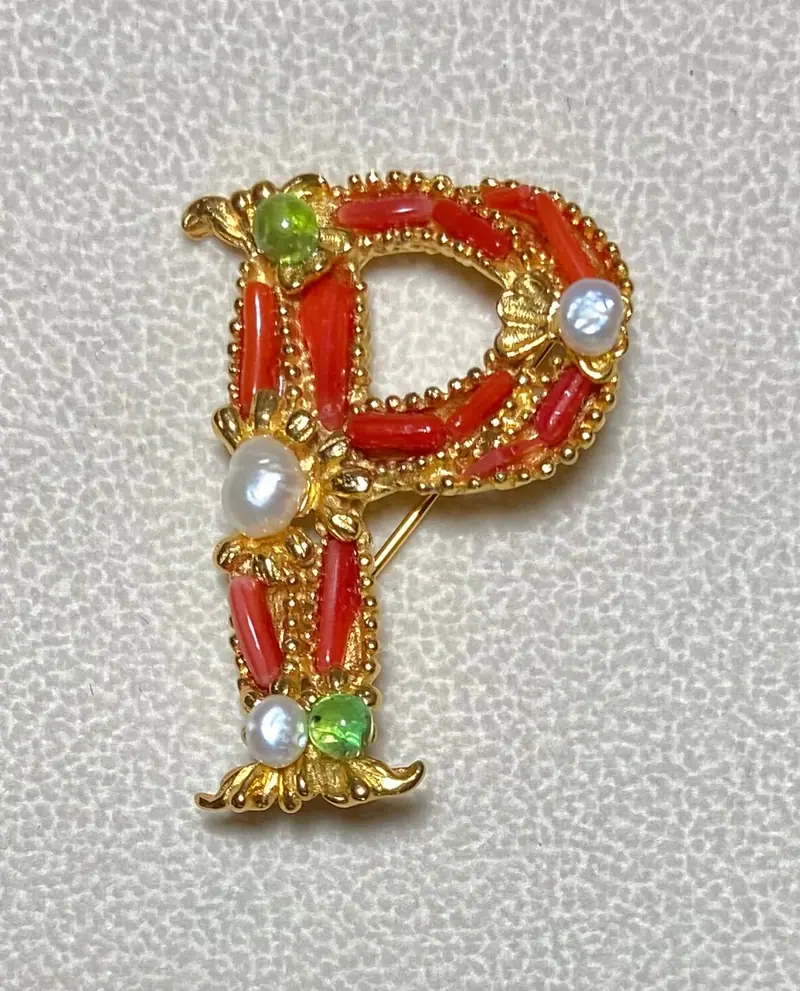 "P" Initial Brooch — Coral, Peridot, Freshwater Pearl